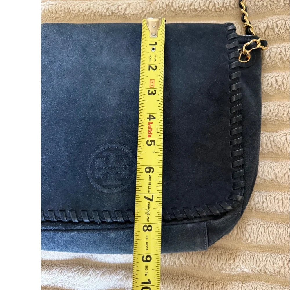 Tory Burch Marion Navy Blue Suede Whipstitch Chain Crossbody Bag